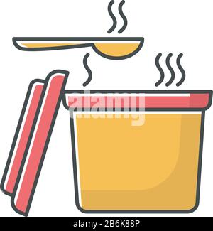 Takeout hot food container RGB yellow color icon. Takeaway soup pack with spoon. Convenience fast food, instant carry out meal plastic package Stock Vector