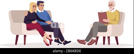 Couple psychotherapy session semi flat RGB color vector illustration. Marriage counseling. Talk therapy. Psychologist appointment. Relationship Stock Vector
