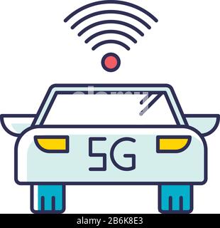 5G smart car RGB color icon. Self-driving vehicle. Autonomous driving. Driverless automobile. Wireless technology. Mobile cellular network. Isolated Stock Vector
