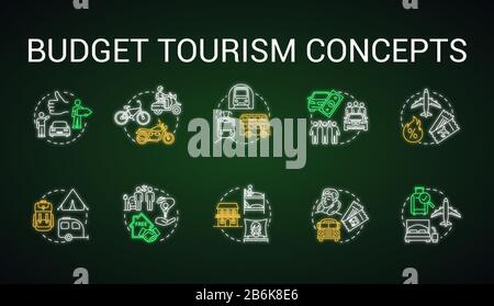 Budget tourism neon light concept icons set. Affordable vacation, cheap travel idea. Money saving tips for tourists. Cheap transport and rest. Glowing Stock Vector
