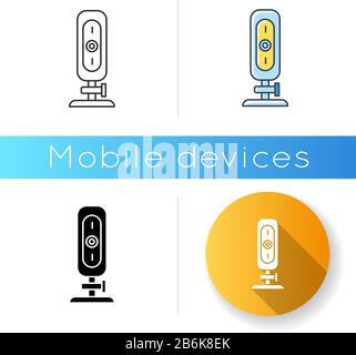 Webcam icon. mall digital video camera. Online chatting, conference. Surveillance. Portable recording gadget. Technology. Mobile device. Linear black Stock Vector