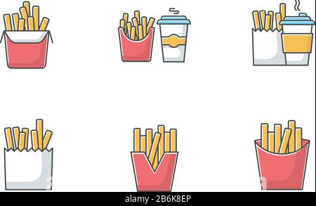 French fries RGB color icons set. Fast food cafe menu. Fried potato in takeout paper packages. Take away meal and coffee to go. Isolated vector Stock Vector