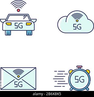 5G wireless technology RGB color icons set. Smart vehicle. Fast speed. Cloud computing. Improved messaging. Mobile cellular network. Isolated vector Stock Vector