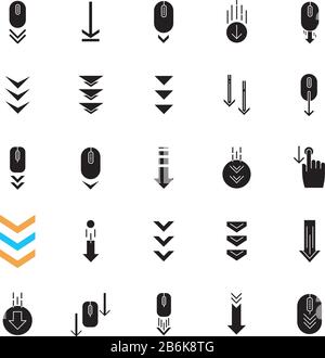 Scroll down black glyph icons set on white space. Internet page browsing and download indicators. Downward arrows. PC mouse with arrowheads Stock Vector