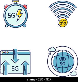 5G wireless technology RGB color icons set. Fast speed. Low latency connection. Signal indicator. Data exchange. Mobile cellular network. Isolated Stock Vector