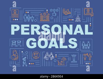 Lifetime objectives word concepts banner. Setting goals, classic lifestyle and aims. Infographics with linear icons on dark blue background. Isolated Stock Vector