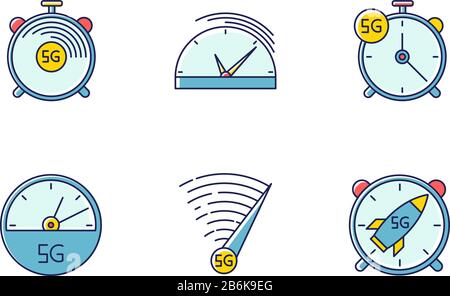 5G fast speed connection RGB color icons set. Stop-watches, speedometer. Mobile cellular network. Low latency Internet access. Wireless technology Stock Vector