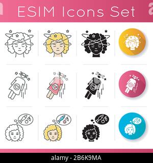 Symptoms of early pregnancy icons set. Woman feeling dizziness. Lady fainting. Food craving. Pregnant female feeling sick. Linear, black and RGB color Stock Vector