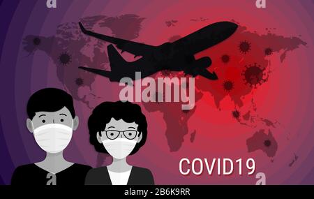 Novel coronavirus COVID-19. World map, flying airplane and people in medical masks. Spread of the virus on the planet. Pandemic medical health risk. V Stock Vector