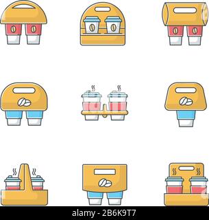 Paper cup holders RGB color icons set. Coffee to go packages. Take away hot caffeine drinks. Takeaway cardboard carriers for cups. Isolated vector Stock Vector
