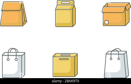 Paper food packages yellow RGB color icons set. Cardboard boxes, carton bags for products, meal. Disposable containers for lunch, grocery. Isolated Stock Vector