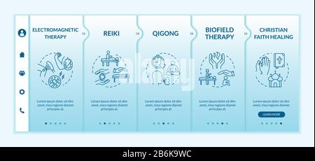 Alternative medicine onboarding vector template. Responsive mobile website with icons. Electromagnetic therapy, reiki and christian faith healing Stock Vector