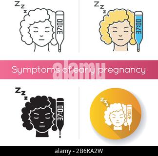 Symptoms of early pregnancy icons set. Rised basal temperature