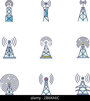 5G cell towers and antennas RGB color icons set. Wireless technology. Fast connection. Mobile network coverage. Telecommunication. Isolated vector Stock Vector