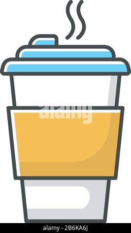 Coffee to go RGB color icon. Caffeine drink in plastic cup. Hot beverage, tea disposable paper mug with lid. Takeout cappuccino, latte, mocha Stock Vector