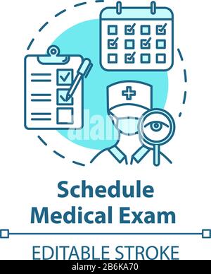 Schedule medical exam concept icon. Hospital checkup. Specialist visit. Physical test. Health insurance idea thin line illustration. Vector isolated Stock Vector