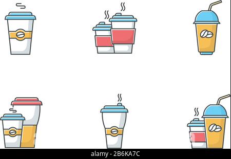 Coffee to go RGB color icons set. Disposable plastic cups with caffeine drinks. Take out cold and hot beverages. Latte, cappuccino mugs. Isolated Stock Vector