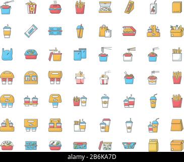 Takeaway meal RGB color big icons set. Coffee to go, containers for salad and hot fast food. Plastic, cardboard, paper takeout packages. Isolated Stock Vector