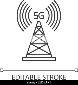5G cell tower pixel perfect linear icon. Antenna signal. Wireless ...