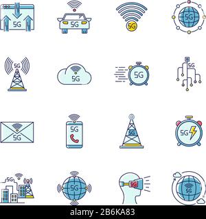 5G wireless technology RGB color icons set. Mobile cellular network. Fast Internet connection. Messaging, data exchange. World standard. Isolated Stock Vector