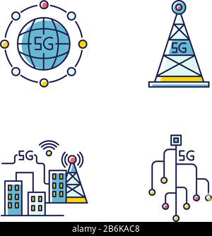 5G wireless technology RGB color icons set. Smart city. Microchip. Cell tower. World standard. Fast speed. Mobile cellular network. Isolated vector Stock Vector