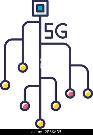 5G chip RGB color icon. Microchip, microcircuit. Mobile cellular network. Wireless technology. Fast Internet connection. High tech. Isolated vector Stock Vector