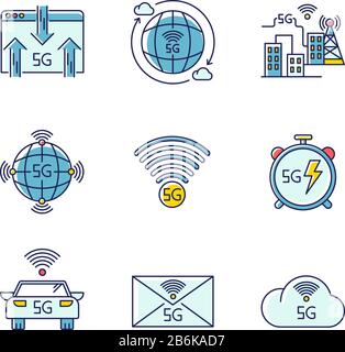 5G wireless technology RGB color icons set. Car control, data exchange. Smart city. Fast Internet connection. Mobile cellular network. Isolated vector Stock Vector