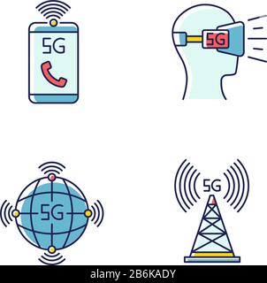 5G wireless technology RGB color icons set. VR headset. Cell tower. Improved phone calls. World standard. Mobile cellular network. Isolated vector Stock Vector