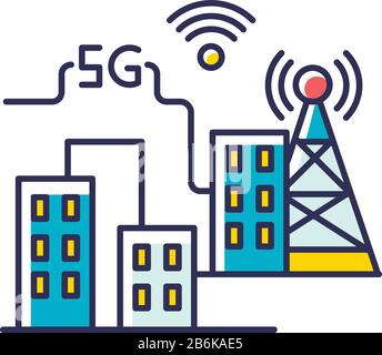 5G smart city RGB color icon. Improved urban infrastructure. Mobile cellular network coverage. Wireless technology. High quality signal. Isolated Stock Vector