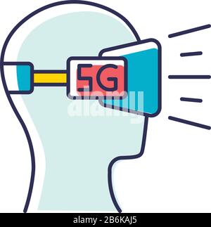 VR headset RGB color icon. Virtual reality glasses. 5G mobile cellular network. Wireless technology. Entertainment. Gaming, 3D experience. Isolated Stock Vector