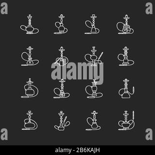 Hookah chalk white icons set on black background. Sheesha bar. Hooka accessories. Smoke area. Vapor, vaping. Tobacco option. Arabic lounge. Isolated Stock Vector