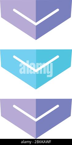 Scrolling down arrows button flat design cartoon RGB color icon. Three downward arrowheads. Downloading process indicator for web page. Scrolldown web Stock Vector