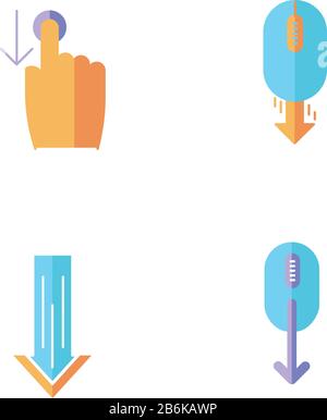 Scrolldown flat design cartoon RGB color icons set. Swipe down indicators for smartphone touchscreen. Arrows mobile app interface navigational buttons Stock Vector