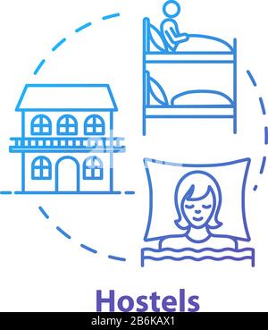 Hostels concept icon. Affordable accommodation, budget travel idea thin line illustration. Cheap hotel service, inexpensive guesthouse lodging. Vector Stock Vector
