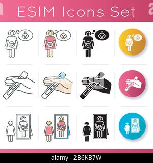 Symptoms of early pregnancy icons set. Woman intuitivly feeling pregnant. Positive test. Motherhood and planning family. Linear, black and RGB color Stock Vector