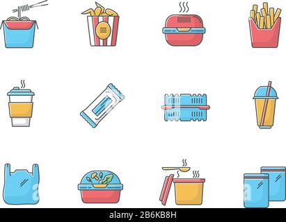 Takeaway food packages RGB color icons set. Take out meal containers, boxes for delivery. Noodles, bucket of chicken wings, french fries. Isolated Stock Vector