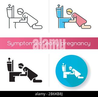 Nausea icon. Morning sickness. Early symptom of pregnancy. Puking in restroom. Sickness from flu virus. Feeling ill from hangover. Linear black and Stock Vector