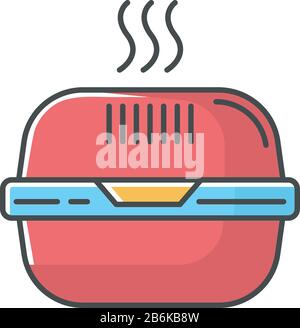 Burger box red RGB color icon. Fast food takeout container. Takeaway thermo packaging. Plastic lunchbox for hot meal, hamburger. Isolated vector Stock Vector