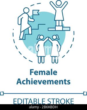 Female achievements turquoise concept icon. Womens accomplishments. Professional success. Feminism. Woman power idea thin line illustration. Vector Stock Vector