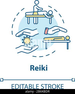 Reiki concept icon. Alternative medicine, energy therapy idea thin line illustration. Palm healing practice, esoteric treatment technique. Vector Stock Vector