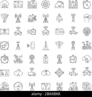 5G wireless technology pixel perfect linear icons set. World standard. Improved internet signal. Customizable thin line contour symbols. Isolated Stock Vector