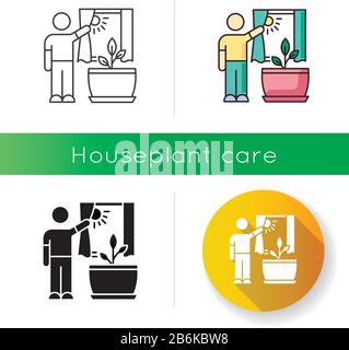 Providing sunlight for plant icon. Houseplant care. Plant growing, planting process. Exposing domestic plants to natural light. Linear black and RGB Stock Vector