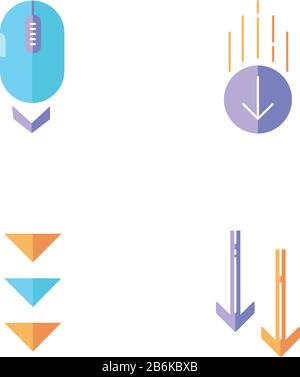 Scrolling down flat design cartoon RGB color icons set. Computer mouse and arrowheads in circles buttons. Moving arrows. Cursor and download Stock Vector