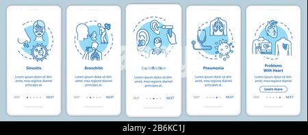 Respiratory infection onboarding mobile app page screen with concepts. Influenza complication walkthrough 5 steps graphic instructions. UI vector Stock Vector