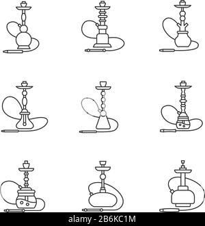 Hookah pixel perfect linear icons set. Shisha with wire. Sheesha house. Nargile lounge. Smoking area. Customizable thin line contour symbols. Isolated Stock Vector