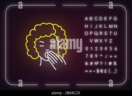 Drowsiness neon light icon. Sleepy woman. Fatigue and burnout. Early symptom of pregnancy. Outer glowing effect. Sign with alphabet, numbers and Stock Vector