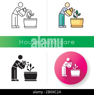 Fertilizing seedling icon. Feeding sapling. Houseplant care. Plant growing, planting. Indoor gardening. Growth supplements, amendments. Linear black Stock Vector