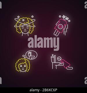 Early pregnancy symptom neon light icons set. Lady with dizziness. Vomiting from nausea. Sick from food poisoning. Signs with outer glowing effect Stock Vector