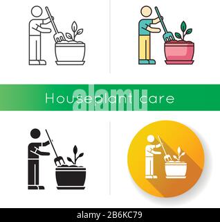 Soil fluffing icon. Plowing, ploughing earth. Houseplant care. Aeration. Plant growing, planting process. Indoor gardening. Linear black and RGB color Stock Vector