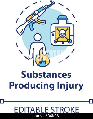 Substances producing injury, trauma causes concept icon. Gun and poison effect, fire result, gunshot wound and burn thin line illustration. Vector Stock Vector